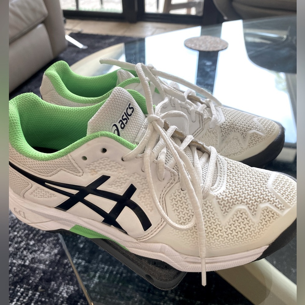 Asics Gel Resolution. Boys Size 3. White with black & bright green accent.